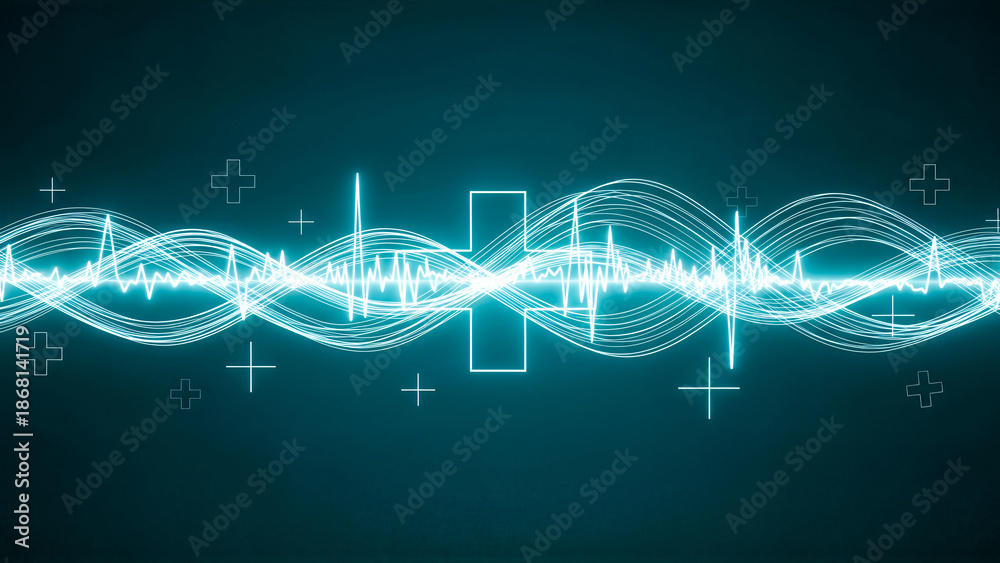 Obraz premium Glowing cyan electrocardiogram wave and plus symbols on dark teal background heart rate