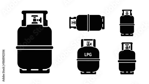 Black and white illustration depicting various sizes of propane gas cylinders