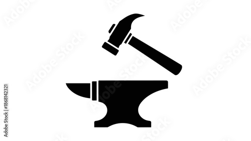 Blacksmith tools a hammer resting above an anvil in a simple icon