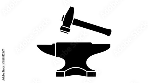 Blacksmith s tools a hammer poised above an anvil in a simple silhouette