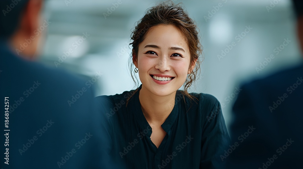 Obraz premium Professional business woman smiling during a meeting in modern office, showcasing confidence, communication skills, leadership, teamwork, and success