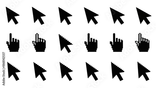 Collection of black silhouettes depicting various computer cursor and hand pointer icons