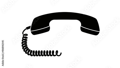 A simple black and white illustration of a vintage telephone handset with a cord