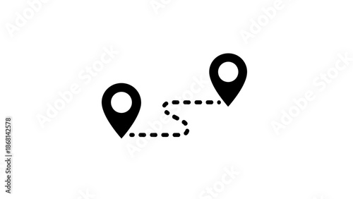 Two map markers connected by a dashed line representing a route
