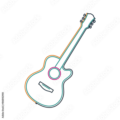 Acoustic guitar outline illustration with colorful contour lines on white background.