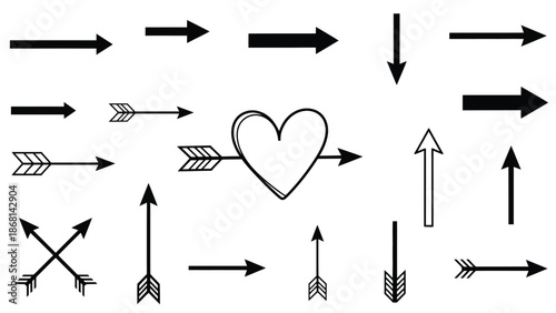 Collection of black arrows heart and various directional symbols on white background