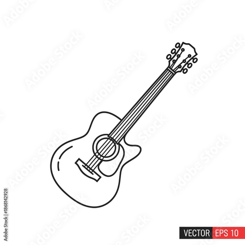 Acoustic guitar outline illustration, simple and clean, isolated on white.