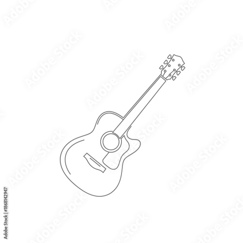 Acoustic guitar outline illustration, simple line art drawing, isolated on white background