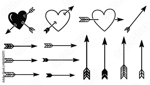 Black and white illustration of hearts pierced by arrows and individual arrows