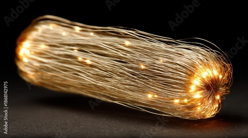 A cluster of delicate copper wire lights glows warmly against a dark backdrop, creating a magical and inviting atmosphere. It is elegant and cozy.