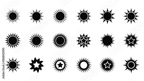 Collection of stylized black sun icons with varying ray designs and shapes