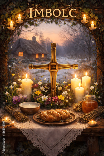 Imbolc Altar with Brigid's Cross and Candles, Celtic Imbolc Celebration Ritual Setup, Pagan Brigid Goddess Altar Ideas, Wiccan Imbolc Sabbat Decorations, Saint Brigid's Day Traditional Altar