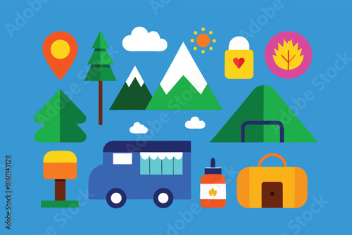 Camping and Outdoor Adventure Icons Mountains, Tent, Van, and Nature Elements
