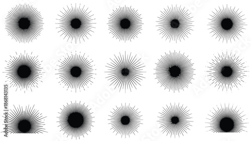 Arrangement of black circular centers with radiating lines on white background