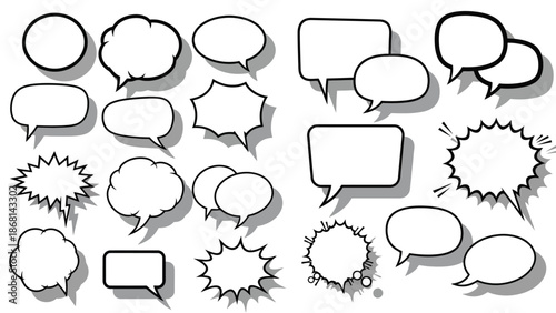 Collection of various blank speech bubbles and thought balloons in black and white