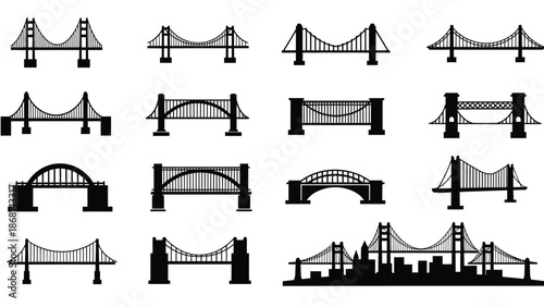 Collection of diverse bridge designs and styles in a graphic illustration