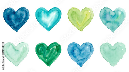 Watercolor heart set including shades of blue, green, and teal painted shapes isolated. Romantic wedding and greeting card design collection.