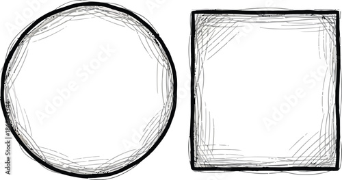 Distressed hand-drawn grunge text box frames set featuring rough jagged edges, ink pen rectangles, ovals, circles, squares. Retro vintage textured vector banners, borders, templates