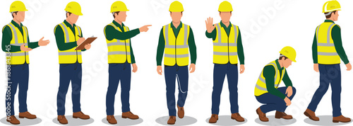 Construction worker character set in yellow safety vest and helmet with various poses and actions isolated on white background vector