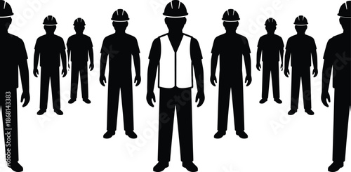 Group of construction worker silhouettes standing together with a team leader wearing a white safety vest in the center front position