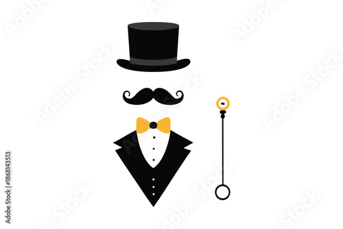 Minimalistic illustration of a classic gentleman's formal wear top hat, elegant mustache, stylish bow tie, and vintage walking cane. Timeless sophistication and refined elegance
