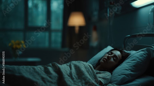 An unwell woman rests in her hospital bed; light peeks through the window. She is lying still, hoping for a swift recovery and better health.