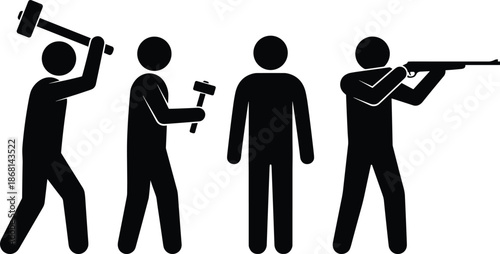 Set of black vector stick figure pictograms depicting actions like swinging a sledgehammer, holding a hammer and shooting a rifle.