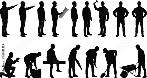 Set of realistic black vector silhouettes of construction workers and engineers wearing hard hats and using various building tools.