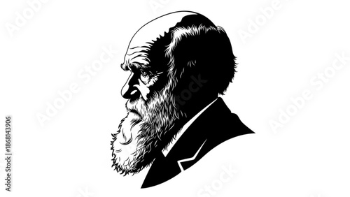 Charles Darwin silhouette portrait profile view illustration of the famous scientist conceptual symbol for evolution and natural selection is