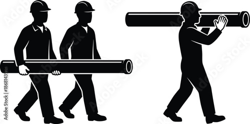 Set of vector black silhouettes of construction worker carrying heavy pipes on shoulder and hands isolated on white background