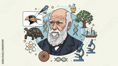 Charles Darwin portrait surrounded by symbols of evolution science and nature vector illustration for educational and historical concepts