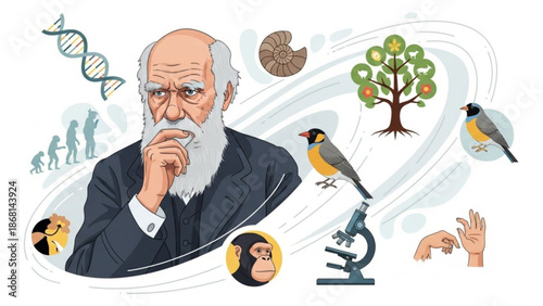 Charles Darwin illustration with evolution symbols DNA tree of life and microscope representing scientific discovery and natural selection