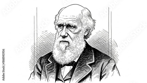Charles Darwin portrait illustration vintage engraving style historical figure for science and evolution concepts isolated on white