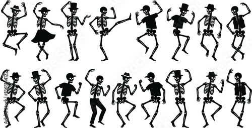 Set of vector black silhouettes of funny dancing skeletons wearing hats and clothes isolated on white background for Halloween