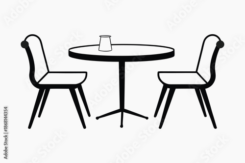 Minimalist illustration of a circular table with two chairs and a cup, perfect for cafe or restaurant branding