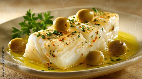 Portuguese bacalhau main with restrained olive oil sheen, warm beige background