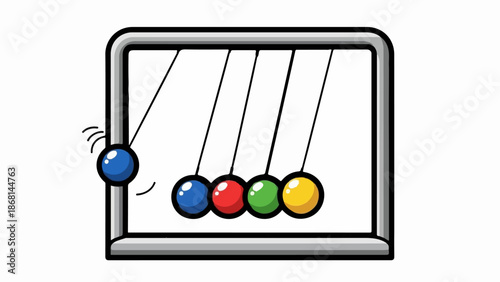 A playful Newton's cradle, depicting kinetic energy transfer with colorful spheres