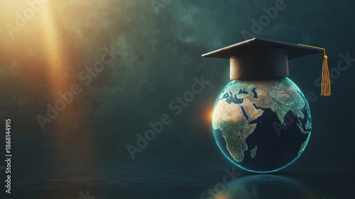 Conceptual image depicting a glowing digital earth wearing a traditional graduation cap symbolizing global academic achievement and worldwide scholarly pursuits in dark atmosphere