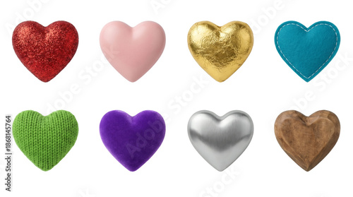 Heart shape set including glitter, gold foil, knit, velvet, metal, and wood textures isolated. Decorative symbols for love, romance, and holiday design.