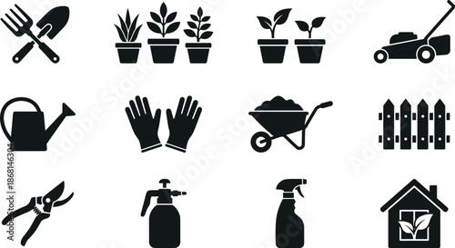 Garden tools and equipment icon set, gardening plants watering can lawn mower wheelbarrow gloves minimal black solid vector illustration collection