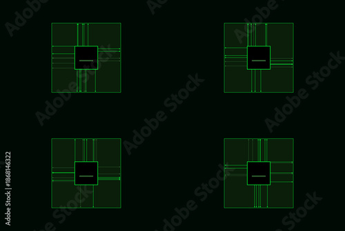 Green Quantum Computing Chip Icon Set. Futuristic Matrix Style Data Processor and Circuit Elements