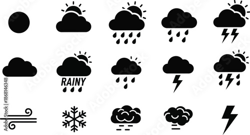 Weather flat icons set. Sun, rain, thunder storm, dew, wind, snow cloud, night sky black minimal vector illustrations. Simple glyph silhouette signs for web, forecast app