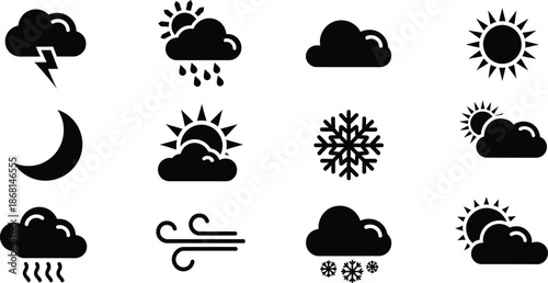 Weather flat icons set. Sun, rain, thunder storm, dew, wind, snow cloud, night sky black minimal vector illustrations. Simple glyph silhouette signs for web, forecast app
