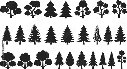 Tree silhouette icon set, black forest and pine tree shapes, nature landscape elements, minimal flat solid vector illustration collection for design projects