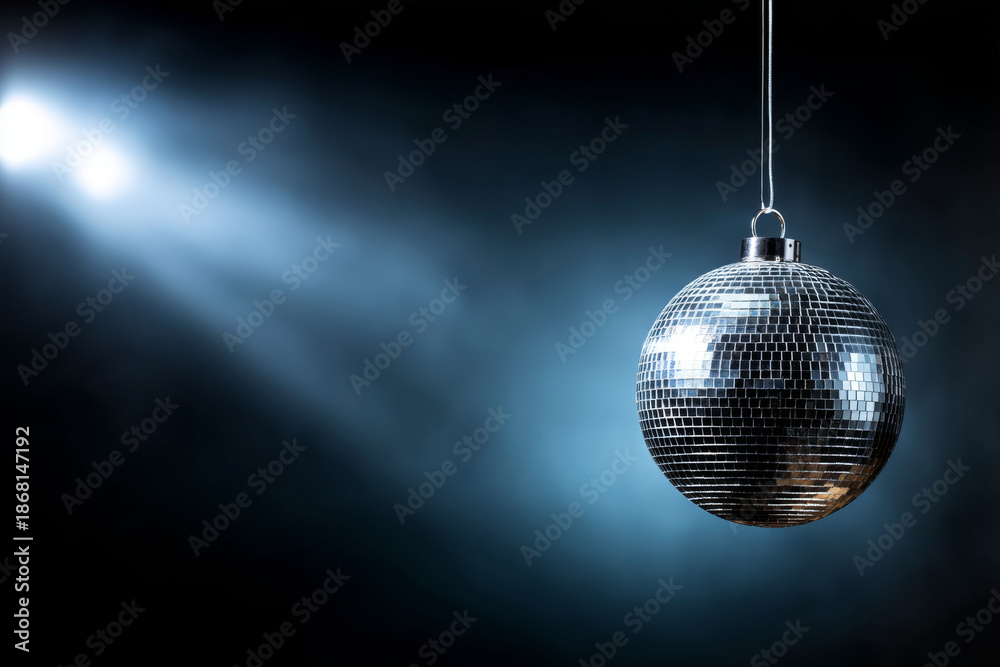 Fototapeta premium A hanging mirrored disco ball reflecting bright white light beams and colorful spotlights in a dark nightclub setting, creating a dynamic party atmosphere.