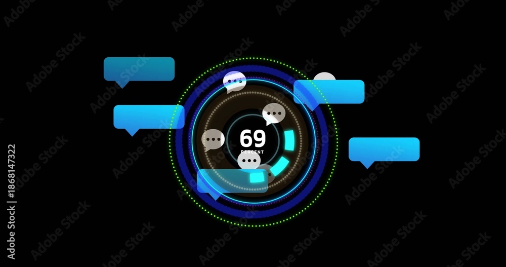 Fototapeta premium Showing central HUD on black void, pulsing 69 PERCENT gauge, blue speech bubbles, white chat icons
