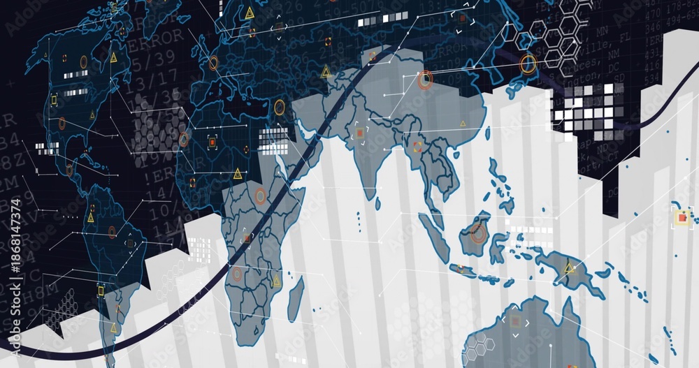 Naklejka premium Displaying stylized world map with rising white bars in digital dashboard, showing orange markers