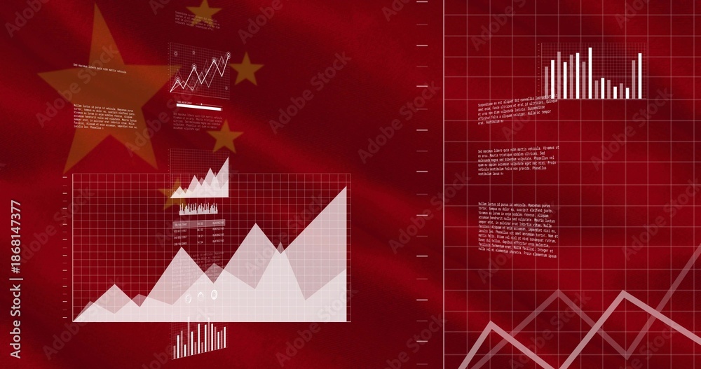 Naklejka premium Displaying financial charts over red flag backdrop with large area chart, bar and line graphs, star