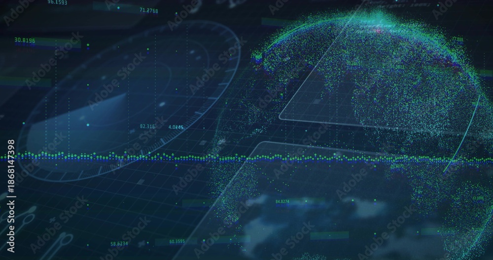 Obraz premium Rotating holographic particle globe on right over dark grid plane, showing dotted line, copy space