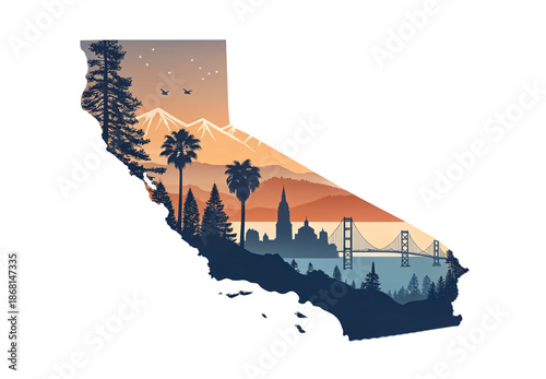 California state silhouette with mountains bridge palms cityscape and sunset layers, isolated on a transparent background